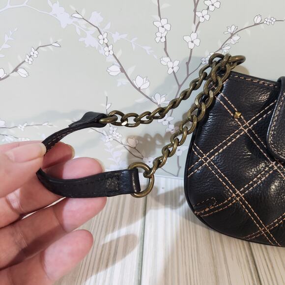 Fossil Black Leather Quilted Embroidered Zipped Chain Link Wristlet Mini Clutch - Picture 5 of 10